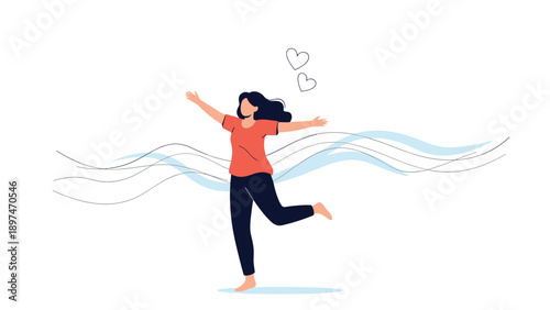 Joyful woman in casual clothing dancing or running with her arms open wide amidst wavy lines and floating heart symbols.