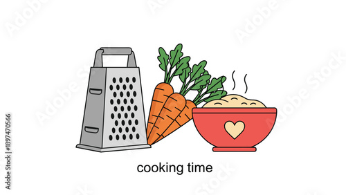 Kitchen scene with a metal grater, fresh carrots, and a warm bowl of food next to cooking time text on a white background.