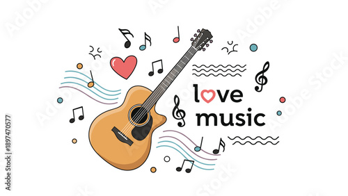 Acoustic guitar illustration surrounded by floating musical notes, hearts, and decorative waves with love music text.