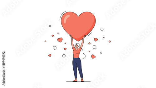 Inspiring illustration of a young woman lifting a giant red heart above her head surrounded by smaller floating hearts and bubbles.