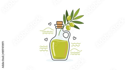 Beautiful glass bottle filled with golden olive oil and an olive branch with green olives surrounded by floating hearts and wavy lines.