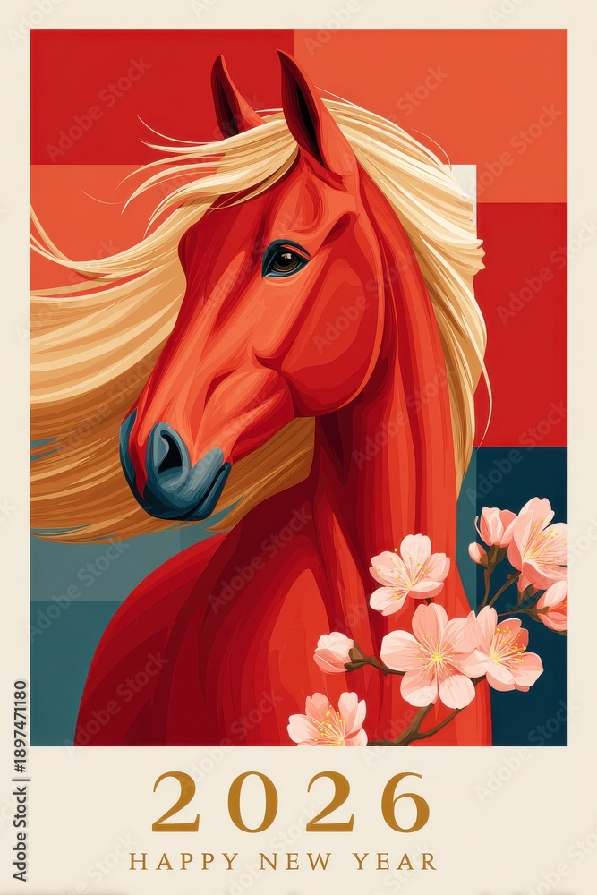 Fototapeta premium Vibrant red horse illustration with cherry blossoms celebrating the 2026 New Year poster