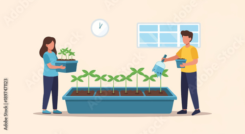 Two people tending to seedlings in a room with a clock and window