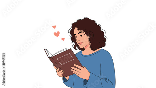 Serene young woman with curly hair reading a brown book while floating pink hearts symbolize her love for literature and learning.