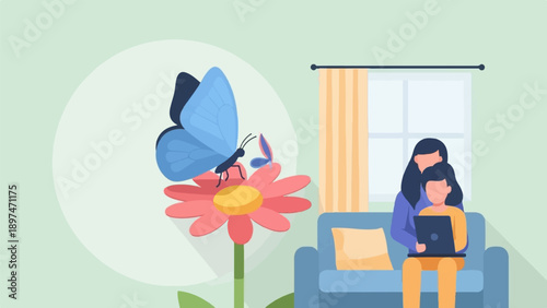 Two people using a laptop while butterflies are on a flower near a window