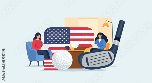 Two people using laptops near an American flag and golf equipment