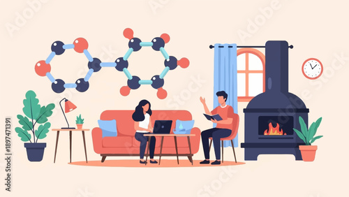 Two people work and study in a cozy room with a fireplace