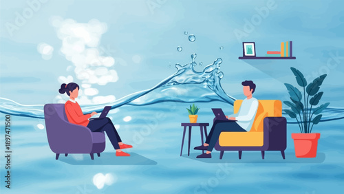 Two people work on laptops amidst a stylized water splash backdrop