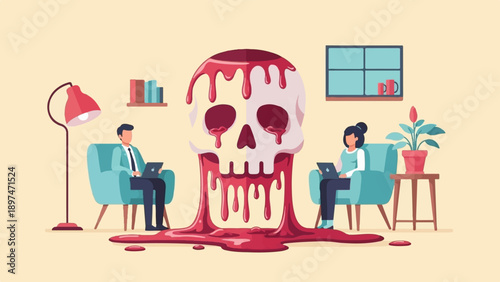 Two people work on laptops as a giant melting skull looms ominously