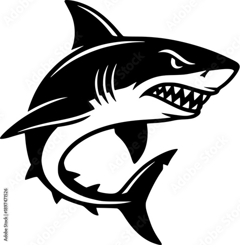 Vector illustration of a wild shark cartoon mascot swimming in the blue ocean water, featuring a sharp fin silhouette and marine nature art isolated on a white background for an aquatic animal logo