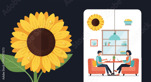 Two people work on laptops at a table next to a large sunflower