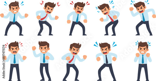 Angry Businessman Emotion Flat Illustration Set Showing Stress Frustration Rage Burnout and Workplace Emotional Reactions for Office and HR Concepts