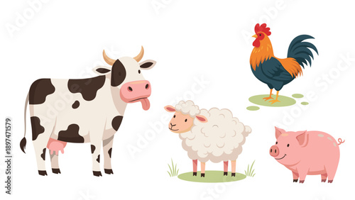 Diverse collection of cute farm animals including a dairy cow, a fluffy sheep, a colorful rooster, and a happy pink pig on a plain background.