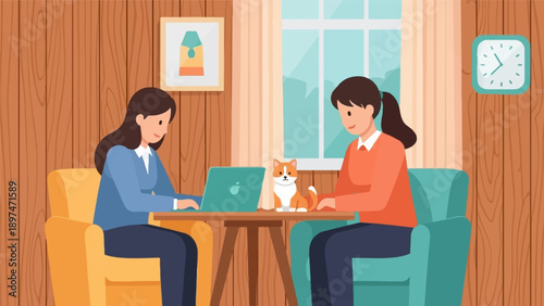 Two people work on laptops at a table with a cat nearby