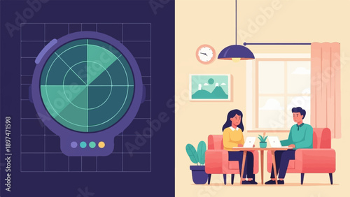 Two people work on laptops at a table, with a radar screen in the background