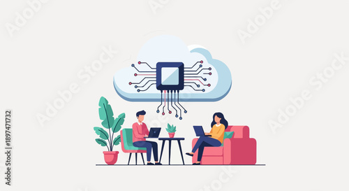 Two people work on laptops connected to a cloud-based computer chip