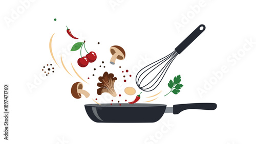Dynamic illustration of fresh vegetables like mushrooms, cherries, and chili peppers flying into a frying pan alongside a kitchen whisk.