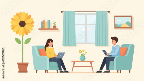 Two people work on laptops from the comfort of their cozy living room with plants