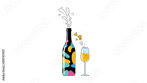 Festive illustration of a colorful patterned champagne bottle being opened with the cork flying out and liquid splashing into a glass.