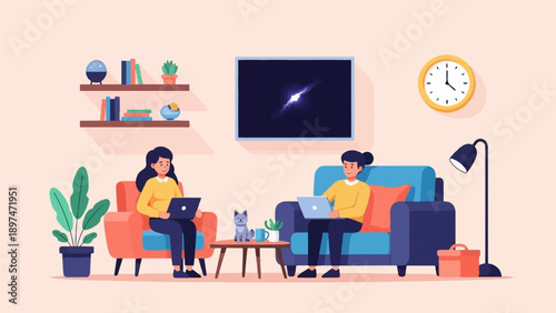 Two people work on laptops in a cozy, modern living room setting