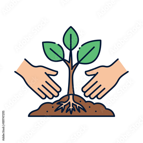 Hands nurturing a young plant with visible roots in soil illustration