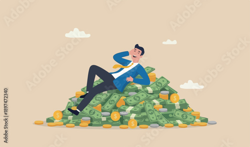 Rich man with his wealth, success businessman earn investment profit, FIRE, financial independence retire early concept, rich happy businessman lay down singing pile of money coins and banknotes