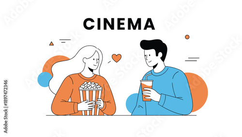Happy young couple enjoying a date at the cinema while sharing popcorn and a soda drink with a small heart symbol between them in the air.