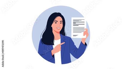 Professional woman in a blue blazer smiling and pointing at a white document she is holding inside a light blue circular frame background.