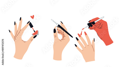 Series of hands demonstrating different steps of a manicure including applying red nail polish and using professional beauty tools at a salon.