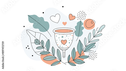 Menstrual cup surrounded by stylized green leaves and small hearts representing modern feminine hygiene and zero waste period products.