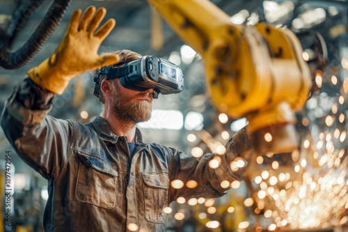 Industrial engineer wearing virtual reality headset operating heavy robotic machinery surrounded by bright sparks in a futuristic factory environment