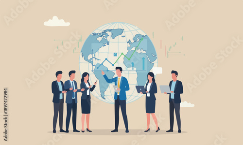 Global stoc teams together international investment, financial analysis or earning growth, stock trading concept, smart businessman investor trading on laptop on the globe with financial graph