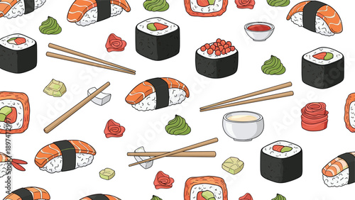 Seamless pattern design featuring various types of delicious sushi, rolls, wooden chopsticks, ginger, and green wasabi.