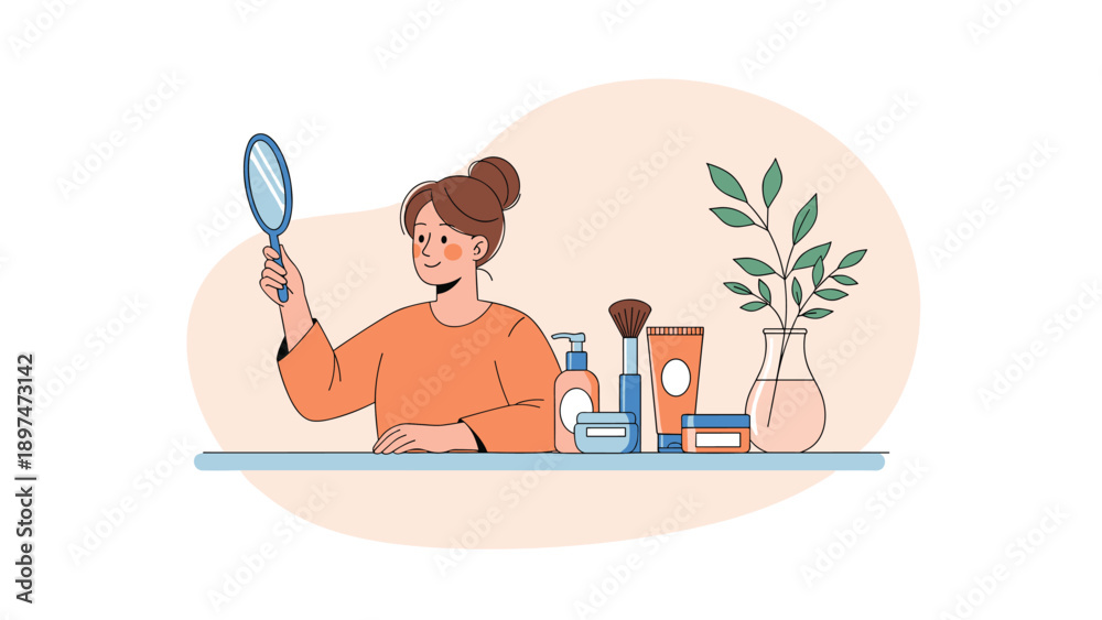 Obraz premium Young woman looking at herself in a hand mirror at her dressing table surrounded by various makeup and skincare products.
