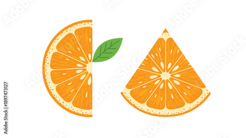 Vibrant orange fruit slices including a half and a triangular wedge with a single green leaf on a plain white background.