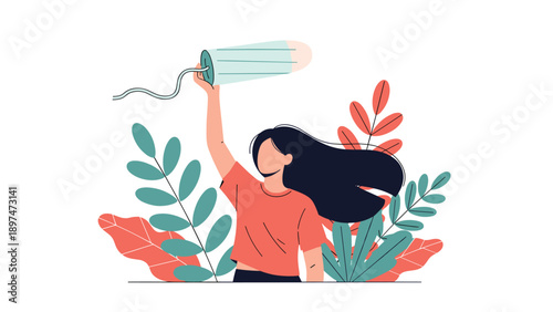 Empowered woman holding a large tampon over her head symbolizing period positivity and modern feminine hygiene products.