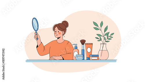 Young woman looking at herself in a hand mirror at her dressing table surrounded by various makeup and skincare products.