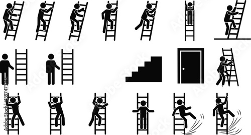 Black and white icons showing ladder safety actions, climbing, falling, balance loss, instructional hazard scenarios, training visuals