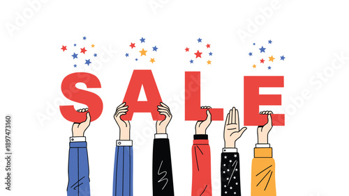 Multiple diverse hands holding up large red letters spelling the word sale with festive colorful stars floating above them.