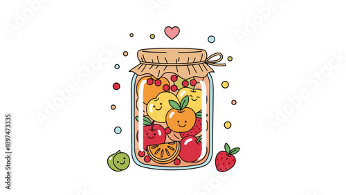 Large glass jar filled with preserved colorful fruits like apples, oranges, and berries with cute smiling faces.