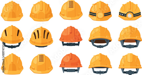 Collection of diverse construction helmets showcasing safety features, industrial headgear designs, protective gear variations, and engineering equipment styles
