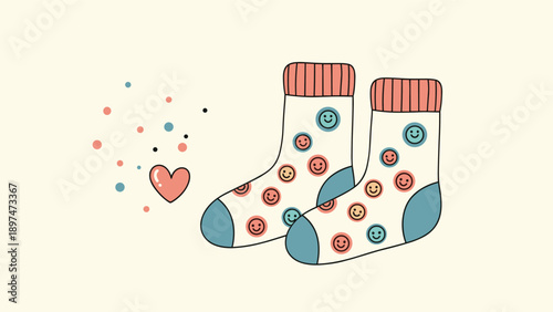 Pair of cute white socks decorated with colorful smiley faces and a small red heart on a light yellow background.