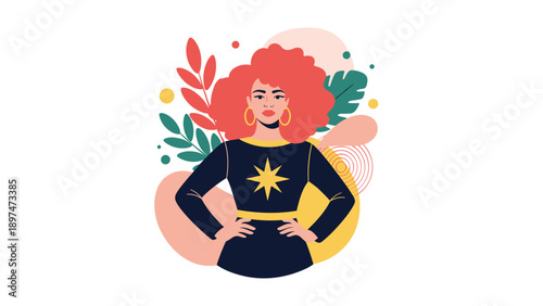 Confident and powerful woman with voluminous red hair wearing a dark shirt with a bright golden star emblem on the front.