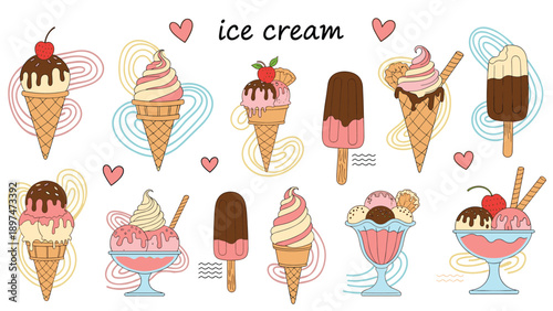 Extensive collection of diverse ice cream types including cones, popsicles, and glass bowls with different toppings.