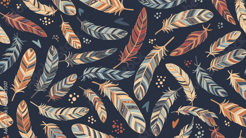 Bohemian style seamless pattern of colorful patterned feathers and small abstract shapes on a dark navy blue background.