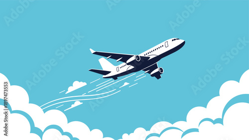 Large passenger airplane flying high above white fluffy clouds in a bright blue sky leaving faint jet trails behind.