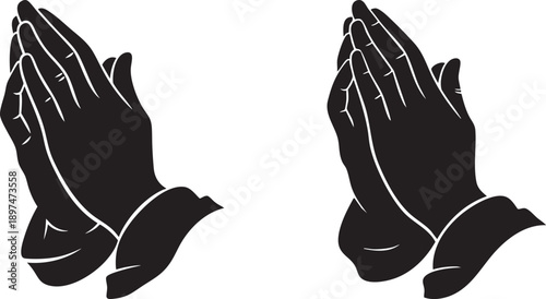Black Silhouette of Two Hands Clasped in Prayer, Isolated on White Background