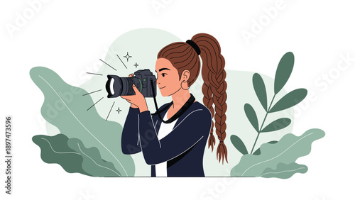 Professional female photographer with a long braid taking a picture using a digital camera amidst green tropical leaves.