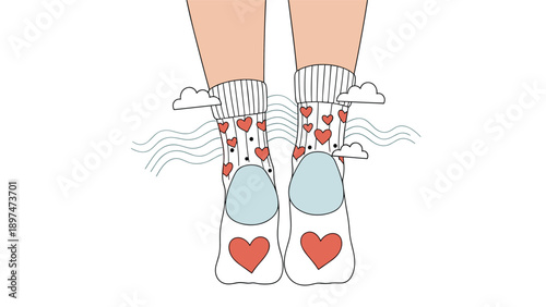 Person wearing white socks with red hearts standing amidst decorative wavy lines and small clouds in a playful setting.