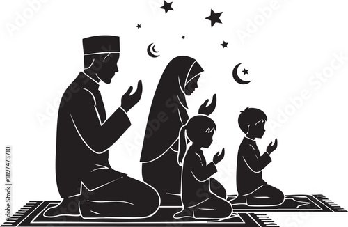 Muslim Family in Prayer on Prayer Mats Under a Crescent Moon and Stars: Ramadan or Eid Celebration